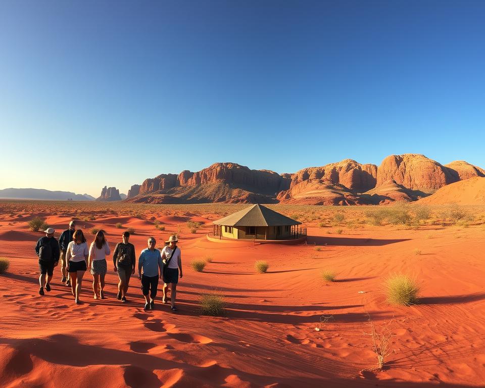 A panoramic view of a vibrant Namibian landscape showcasing sustainable travel practices. In the foreground, a diverse group of travelers in modest casual attire, exploring rich red sand dunes with traditional indigenous flora scattered around. In the middle ground, a small eco-friendly lodge made from natural materials, blending harmoniously with the scenery. In the background, the majestic silhouette of ancient rock formations under a bright blue sky, illuminated by warm golden sunlight. Soft shadows create a serene atmosphere, suggesting a peaceful and responsible travel experience. The angle captures both the travelers' engagement with nature and the stunning beauty of Namibia’s wilderness, evoking a sense of adventure and environmental consciousness.