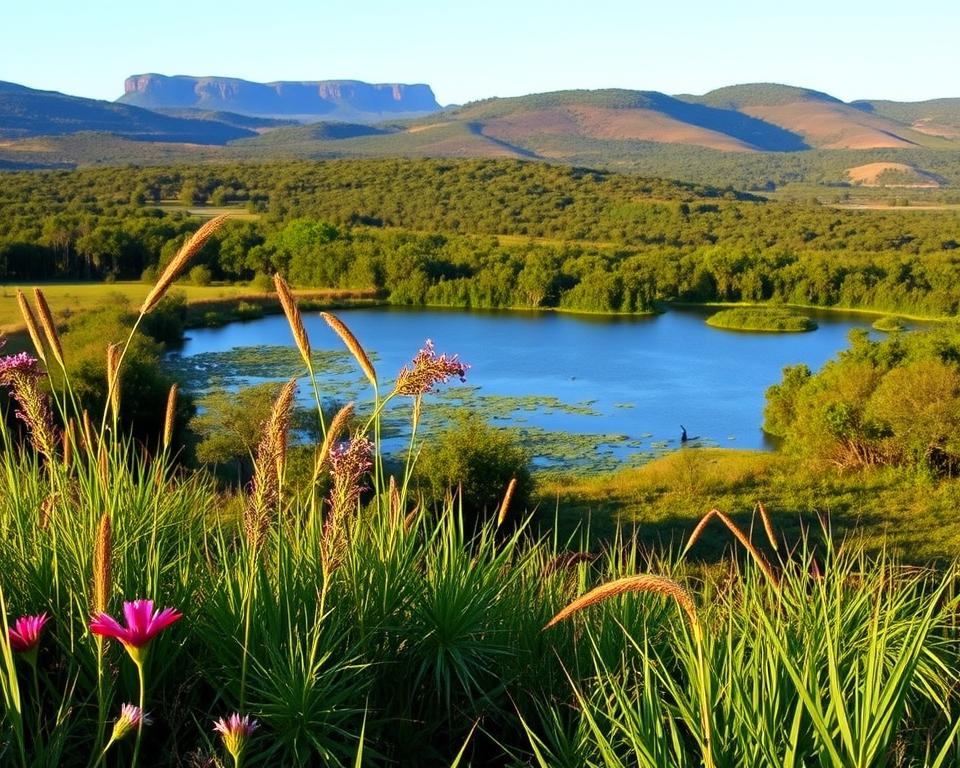 A panoramic view of iSimangaliso Wetland Park in South Africa, showcasing the diverse ecosystems and breathtaking landscapes. In the foreground, lush greenery with vibrant wildflowers and tall grass swaying in a gentle breeze. The middle ground features a tranquil body of water reflecting the clear blue sky, dotted with lily pads and the occasional bird. The background includes rolling hills and a rich tapestry of mangrove trees and dense bush, deeply colored by the afternoon golden light, creating a warm, inviting atmosphere. The angle is slightly elevated, allowing for a wide perspective of the park’s natural beauty. Capture the serenity and untouched nature, emphasizing the park’s peaceful ambiance.