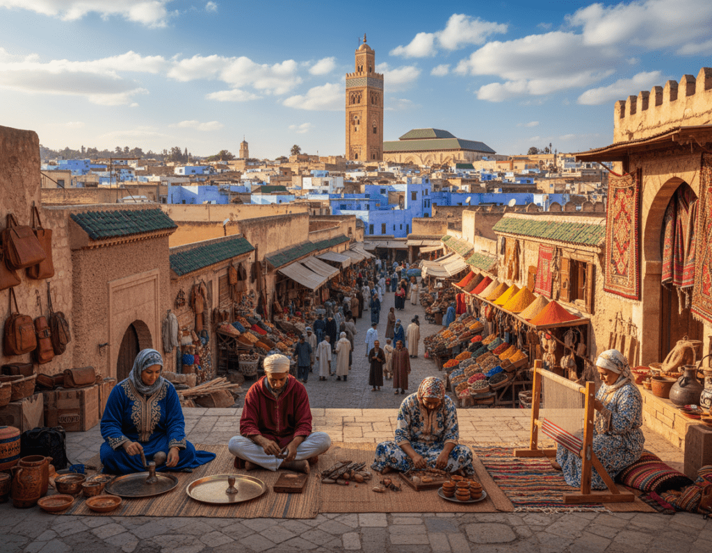 A panoramic view of the Fes Medina, a UNESCO World Heritage site, showcasing its vibrant blue and white buildings, intricate tile work, and bustling narrow streets. In the foreground, artisans can be seen crafting traditional Moroccan goods, draped in modest, colorful attire. The middle ground features a lively marketplace with merchants selling spices and textiles, surrounded by unique architectural elements like archways and terracotta rooftops. In the background, the majestic Koutoubia Mosque rises against a bright blue sky with fluffy white clouds, illuminated by warm, golden sunlight that casts soft shadows, creating an inviting atmosphere. The image should evoke a sense of cultural richness and history, capturing the essence of Fes el-Bali.