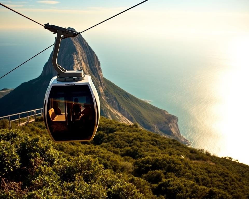 A panoramic view of the Gibraltar Cable Car mid-journey, with the iconic rock formation of Gibraltar rising majestically in the background. The foreground features the cable car itself, elegantly suspended over lush greenery, showcasing its modern design. In the middle ground, a breathtaking vista unfolds, revealing the beautiful expanse of the Mediterranean Sea shimmering under the warm sunlight. The atmosphere is vibrant and uplifting, evoking a sense of adventure and exploration. The scene is captured during golden hour, bathing everything in soft, warm light. Use a wide-angle lens to emphasize the cable car’s height and the surrounding scenery, capturing the essence of a captivating journey upwards towards the peak.