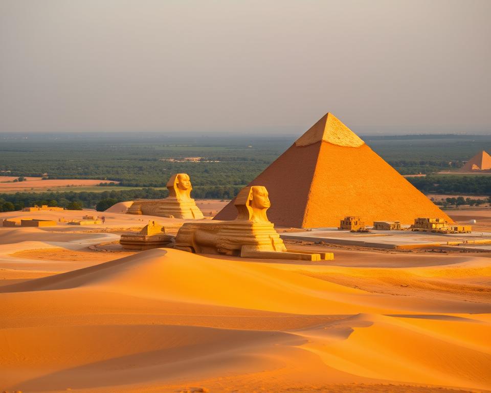 A panoramic view of the Gizeh Plateau, with the Great Pyramid of Giza majestically rising in the foreground, its limestone blocks glowing gently under a warm golden sunset. In the middle ground, the Sphinx sits quietly, framed by the ancient sand dunes that carry whispers of history. The distant background features the lush greenery of the Nile Valley, contrasting with the arid desert surrounding the pyramids. The atmosphere is serene yet mysterious, evoking a sense of wonder and timelessness. Use a wide-angle lens effect to encapsulate the grandeur of the scene, with soft lighting to highlight the textures of the pyramids and surrounding landscape. The image should be devoid of any people or text, capturing the essence of this historic location.