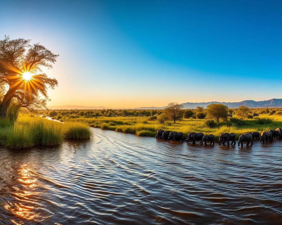 A panoramic view of the Okavango River in Namibia, showcasing lush green riverbanks dotted with vibrant wildlife. In the foreground, gentle ripples of the water reflect the golden hue of a setting sun, casting a warm glow. The middle section features tall grasses and acacia trees providing shade, alongside herds of elephants drinking from the river, symbolizing life and vitality. The background reveals distant blue hills under a clear sky, enhancing the serene atmosphere. The lighting is soft and warm, conveying a tranquil mood of dusk. Capture this scene from a slightly elevated angle, mimicking the view of a traveler gazing over the stunning landscape, emphasizing the rivers as vital lifelines in this beautiful natural habitat. A panoramic view of the Okavango River in Namibia, showcasing lush green riverbanks dotted with vibrant wildlife. In the foreground, gentle ripples of the water reflect the golden hue of a setting sun, casting a warm glow. The middle section features tall grasses and acacia trees providing shade, alongside herds of elephants drinking from the river, symbolizing life and vitality. The background reveals distant blue hills under a clear sky, enhancing the serene atmosphere. The lighting is soft and warm, conveying a tranquil mood of dusk. Capture this scene from a slightly elevated angle, mimicking the view of a traveler gazing over the stunning landscape, emphasizing the rivers as vital lifelines in this beautiful natural habitat.