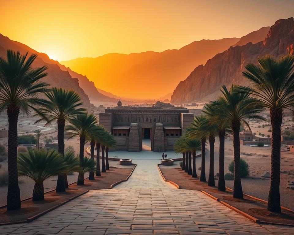 A panoramic view of the Valley of the Kings, set against a golden sunset sky, illuminating the dramatic landscape of ancient mountains and desert. In the foreground, a well-maintained path leading to the valley entrance, flanked by lush palm trees, symbolizing a welcoming journey. In the middle ground, several Egyptian-style architecture elements, such as ornate gateways and hieroglyph-covered stone walls, blending harmoniously with the rocky terrain. The background showcases the starkness of the surrounding mountains, their shadows deepening as the sun sets. The atmosphere is serene and mystical, evoking a sense of history and adventure, captured with a soft focus effect, simulating a wide-angle lens perspective to emphasize the expansive and inviting nature of this archaeological wonder. The lighting is warm and inviting, casting long shadows and highlighting the textures of the ancient stones.