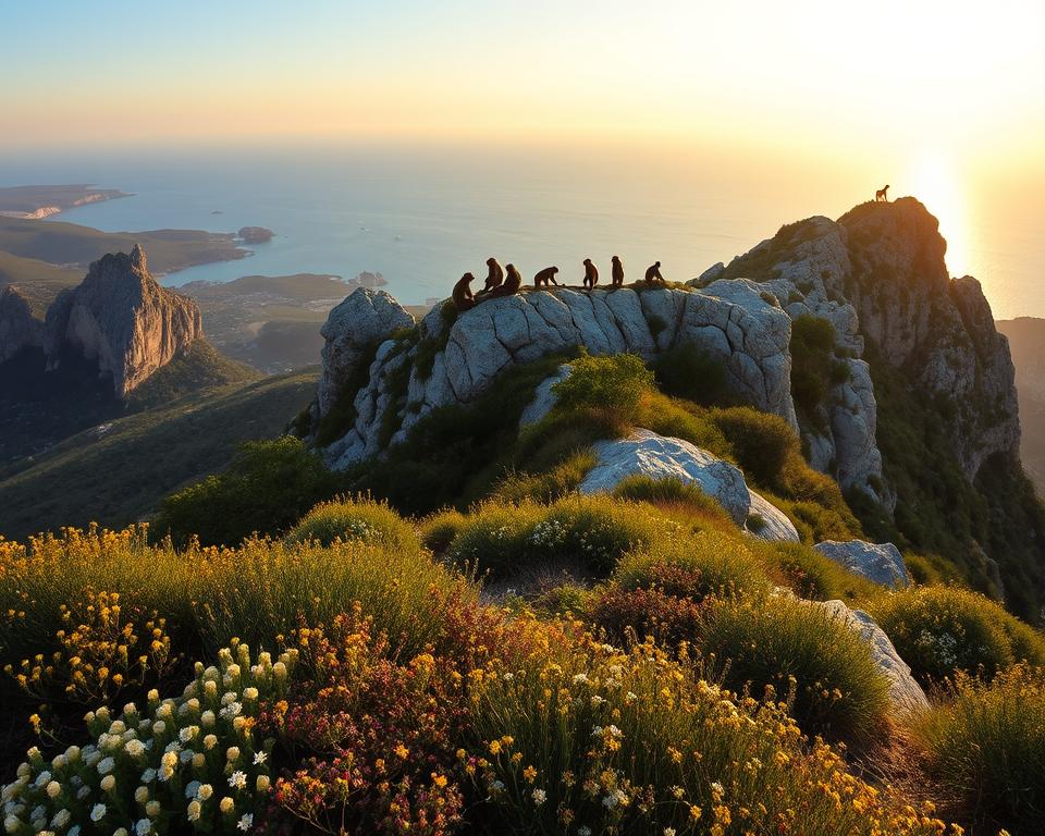 A panoramic view of the Wege Upper Rock in Gibraltar, showcasing its rugged limestone cliffs and sprawling green landscapes. In the foreground, the rich vegetation includes fragrant scrub and wildflower patches, contrasting against the gray rock surfaces. The middle layer features the iconic Apes of Gibraltar, energetically playing near their rocky habitat, embodying the natural charm of the area. In the background, the Mediterranean Sea glistens under a warm golden sunset, casting a soft, ambient light that illuminates the scene. Capture this from a slightly elevated angle, emphasizing the vastness of the location. The mood is serene yet lively, inviting exploration and discovery, perfect for conveying a sense of orientation at Upper Rock.