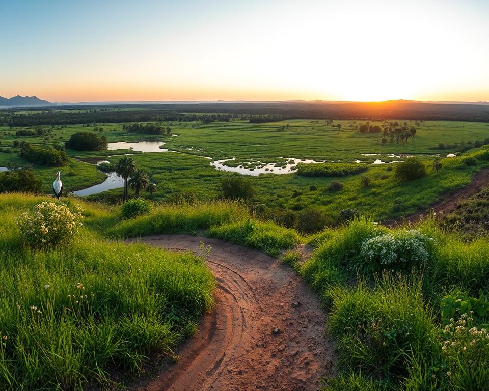 A panoramic view of the iSimangaliso Wetland Park, showcasing lush wetlands teeming with wildlife. In the foreground, a winding dirt path beckons exploration, flanked by vibrant green grasses and delicate wildflowers. The middle ground features diverse ecosystems, including expansive marshes and clusters of palm trees, with herons gracefully wading through the water. In the background, rolling hills and distant savannahs blend into a soft, golden sunset, casting warm, inviting light across the landscape. The atmosphere is serene and tranquil, nature in harmony, perfect for planning a journey through this UNESCO World Heritage site. Capture this scene using a wide-angle lens, emphasizing depth and vibrancy, with soft, diffused lighting enhancing the natural beauty.