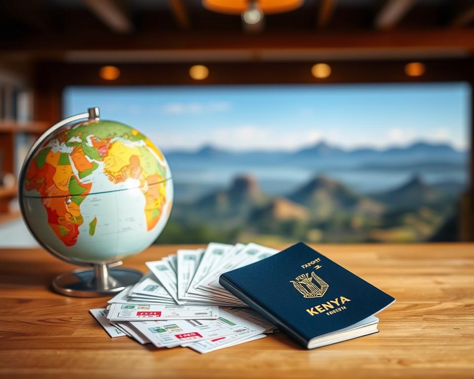 A passport, an array of vaccination cards, and a globe on a wooden table in the foreground, symbolizing travel and health requirements for Kenya. The table is well-lit with soft, warm lighting to create an inviting atmosphere. In the middle background, a blurred image of iconic Kenyan landmarks like Mount Kenya and the Great Rift Valley, depicting the beauty of the country. A subtle map of Kenya overlaying the background adds context to travel regulations. The mood is informative yet encouraging, emphasizing safety and preparedness for a journey. The scene is professionally composed, enhancing the theme of travel readiness and compliance without any text or distractions.