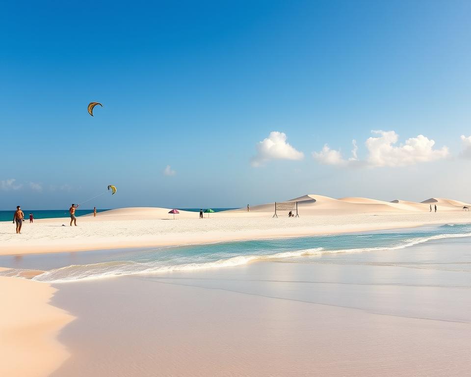 A picturesque beach scene capturing the essence of a perfect vacation on Sal or Boa Vista in the Cape Verde Islands. In the foreground, soft, white sandy beaches stretch along the azure coast, where gentle waves lap at the shore. A few tourists in modest, casual attire enjoy beach activities, such as flying kites and playing beach volleyball. The middle ground features beautiful sand dunes, highlighting the island's unique topography, while colorful beach umbrellas dot the landscape, providing shade. In the background, a clear blue sky stretches above, dotted with a few fluffy white clouds, creating a serene atmosphere. The warm sunlight casts a golden glow, enhancing the inviting mood and feeling of relaxation. The composition uses a wide-angle perspective, emphasizing the vastness of the landscape and evoking a sense of wanderlust.