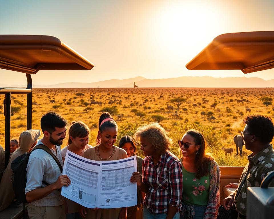 A picturesque landscape showcasing the essence of a budget safari tour in Kenya. In the foreground, a diverse group of travelers in modest casual clothing examines a detailed budget plan spread out against the backdrop of a classic safari vehicle. In the middle ground, the lush savannah stretches under a bright, clear blue sky, dotted with acacia trees and wildlife, such as elephants and giraffes, roaming in the distance. The background features iconic African mountains silhouetted against the golden hues of an early morning or late afternoon sun, casting warm light across the scene. The overall mood is adventurous and optimistic, inviting viewers to imagine their own unforgettable travel experience in Kenya.
