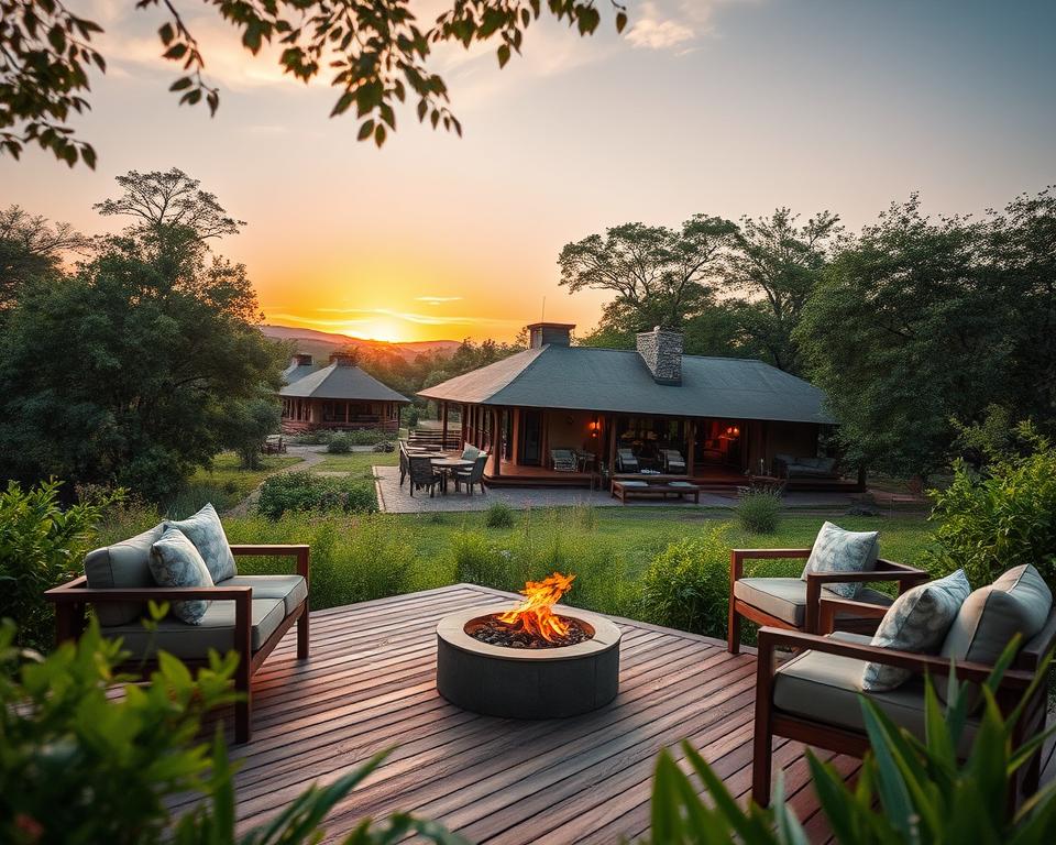 A picturesque lodge situated in the heart of the Caprivi Strip, Namibia, surrounded by lush green vegetation and the serene landscape of the Zambezi River. In the foreground, a cozy wooden deck with comfortable seating invites relaxation, while a fire pit flickers gently. The middle layer features the elegant lodge building, with large windows that reflect the vibrant sunset, showcasing African architectural elements. In the background, tall trees and distant hills fade into the warm hues of a setting sun, creating a tranquil atmosphere. The image captures a sense of peaceful solitude, inviting travelers to explore. Soft, natural lighting enhances the inviting ambiance, with a shallow depth of field to keep the focus on the lodge. A picturesque lodge situated in the heart of the Caprivi Strip, Namibia, surrounded by lush green vegetation and the serene landscape of the Zambezi River. In the foreground, a cozy wooden deck with comfortable seating invites relaxation, while a fire pit flickers gently. The middle layer features the elegant lodge building, with large windows that reflect the vibrant sunset, showcasing African architectural elements. In the background, tall trees and distant hills fade into the warm hues of a setting sun, creating a tranquil atmosphere. The image captures a sense of peaceful solitude, inviting travelers to explore. Soft, natural lighting enhances the inviting ambiance, with a shallow depth of field to keep the focus on the lodge.