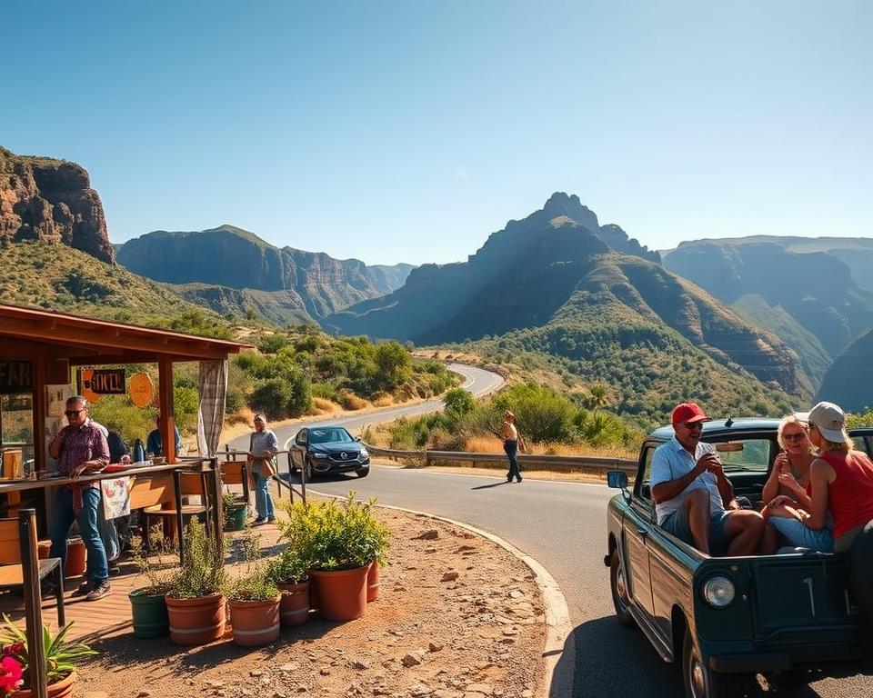 A picturesque road trip scene in South Africa, centered on the Blyde River Canyon. In the foreground, a cozy roadside café with outdoor seating, adorned with vibrant plants and a small local market selling handcrafted goods. The middle ground features a winding road with a few classic cars, capturing the spirit of adventure. Lush greenery and dramatic cliffs of the canyon rise in the background, bathed in warm golden sunlight. The scene is enriched with friendly locals engaging in conversation, dressed in modest casual clothing, and tourists savoring traditional South African snacks. The atmosphere is lively and inviting, with clear blue skies enhancing the overall cheerfulness of the journey. The image is expertly captured from a slightly elevated angle, providing depth and grandeur to the landscape.