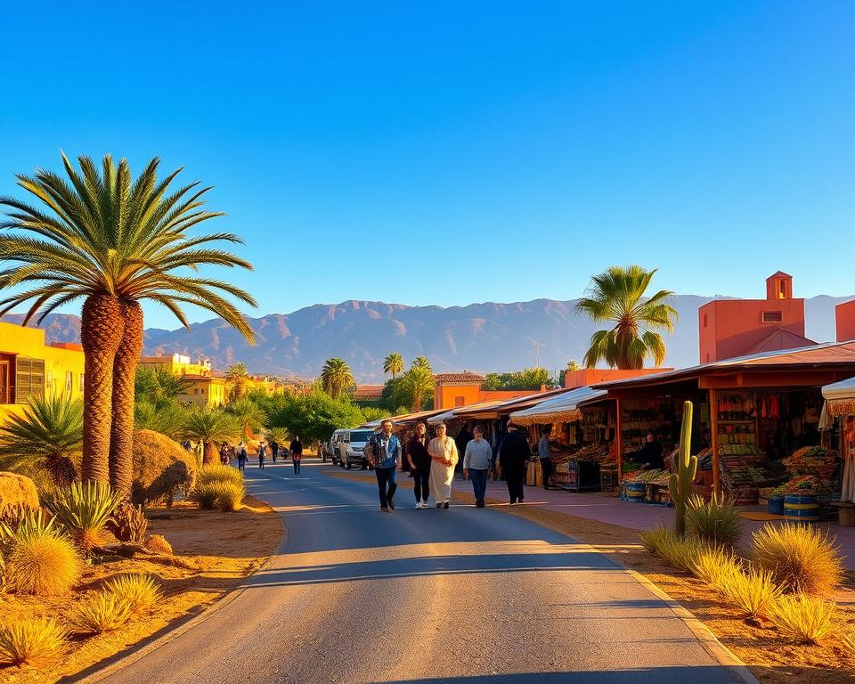 A picturesque route through Morocco, showcasing iconic landscapes such as the Sahara Desert's golden dunes, the vibrant streets of Marrakech with traditional riads, and the stunning Atlas Mountains in the background. The foreground features a winding path lined with lush palm trees and cacti, hinting at an adventurous journey. In the middle ground, a group of travelers dressed in culturally respectful attire explores the vibrant market stalls brimming with colorful spices and handcrafted goods. The lighting is warm, resembling the soft glow of a sunset, casting long shadows and enhancing the earth tones of the scene. A clear blue sky serves as a backdrop, creating a serene and inviting atmosphere that captures the essence of a seven-day Moroccan adventure.