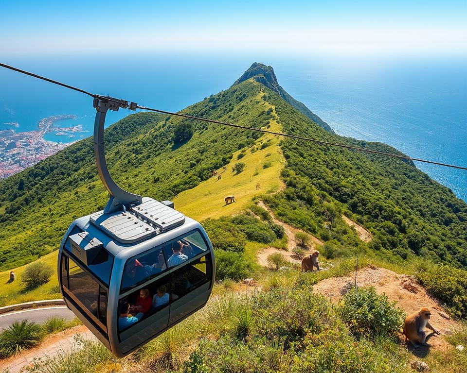 A picturesque scene capturing the Gibraltar Cable Car (Seilbahn) in action, showcasing its sleek, modern design gliding over the lush, green hills. In the foreground, include a gleaming cable car with visitors enjoying the ride, dressed in comfortable outdoor attire. The middle ground should feature the verdant slopes of the Rock of Gibraltar, dotted with playful Barbary macaques, while the stunning Mediterranean coastline stretches into the background, glistening under a bright blue sky. Use natural daylight with soft shadows to create a warm, inviting atmosphere. The image should convey a sense of adventure and excitement, highlighting the uniqueness of this iconic attraction. Use a slightly elevated angle to capture both the cable car and the breathtaking views.