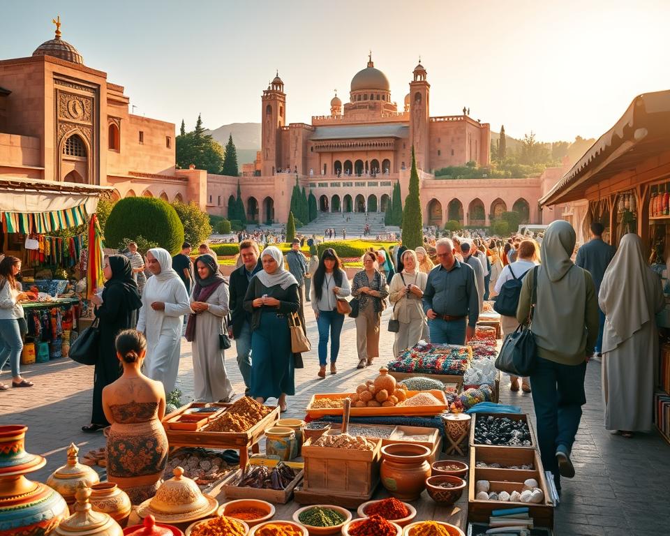 A picturesque scene depicting Morocco's royal cities, with a vibrant market in the foreground featuring colorful textiles, intricate pottery, and spices laid out on wooden stalls. In the middle ground, a group of tourists dressed in modest casual clothing explores the bustling marketplace, interacting with local artisans and enjoying the lively atmosphere. The background showcases majestic palaces with detailed Islamic architecture and lush gardens, bathed in warm, golden sunlight of late afternoon. Soft shadows enhance the textures of the buildings and market goods. The image conveys a joyful and immersive experience, reflecting the rich culture and heritage of Morocco's royal cities. Use a slightly elevated angle to capture depth and vibrancy, with a focus on bright colors and dynamic human interactions, creating an inviting ambiance. A picturesque scene depicting Morocco's royal cities, with a vibrant market in the foreground featuring colorful textiles, intricate pottery, and spices laid out on wooden stalls. In the middle ground, a group of tourists dressed in modest casual clothing explores the bustling marketplace, interacting with local artisans and enjoying the lively atmosphere. The background showcases majestic palaces with detailed Islamic architecture and lush gardens, bathed in warm, golden sunlight of late afternoon. Soft shadows enhance the textures of the buildings and market goods. The image conveys a joyful and immersive experience, reflecting the rich culture and heritage of Morocco's royal cities. Use a slightly elevated angle to capture depth and vibrancy, with a focus on bright colors and dynamic human interactions, creating an inviting ambiance.