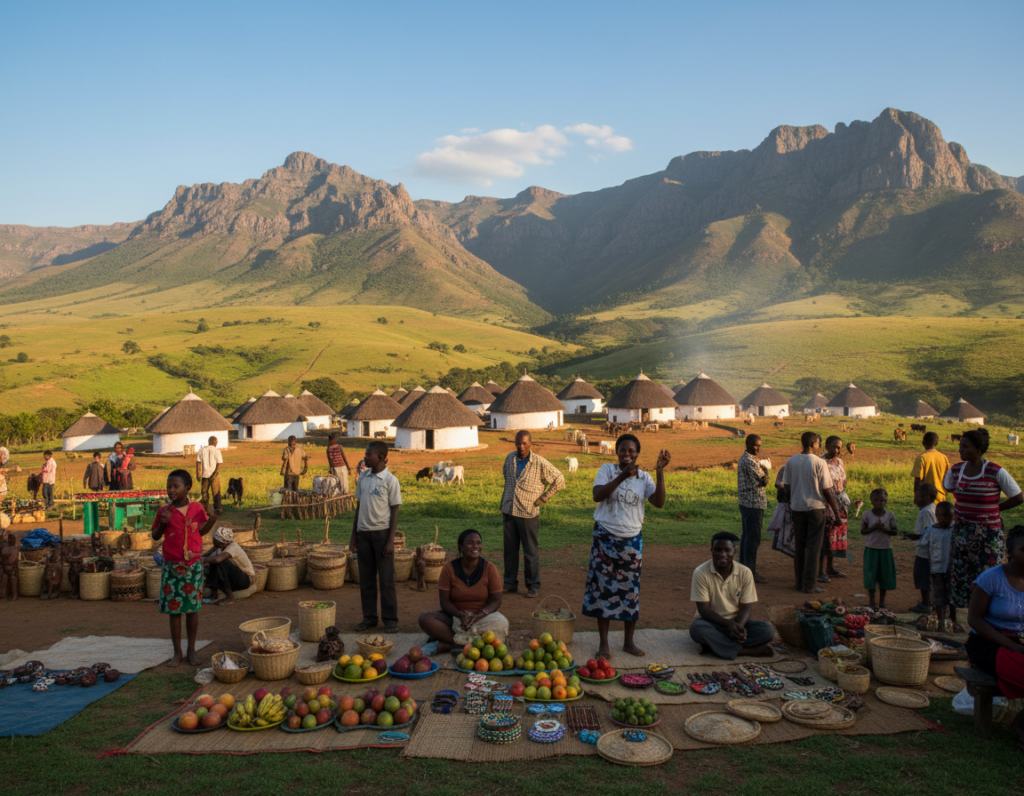 A picturesque scene depicting a South African province, showcasing its diverse landscapes and rich cultural heritage. In the foreground, a vibrant market scene with locals in modest casual clothing selling fresh produce and handmade crafts. The middle ground features rolling hills and a traditional village with thatched-roof huts, surrounded by lush greenery. In the distance, dramatic mountain ranges under a bright blue sky enhance the landscape's beauty. The sunlight bathes the scene in warm, golden tones, conveying a sense of warmth and hospitality. Use a wide-angle perspective to capture the expansive scenery, emphasizing the connection between the community and nature, reflecting the essence of travel and exploration in South Africa. A picturesque scene depicting a South African province, showcasing its diverse landscapes and rich cultural heritage. In the foreground, a vibrant market scene with locals in modest casual clothing selling fresh produce and handmade crafts. The middle ground features rolling hills and a traditional village with thatched-roof huts, surrounded by lush greenery. In the distance, dramatic mountain ranges under a bright blue sky enhance the landscape's beauty. The sunlight bathes the scene in warm, golden tones, conveying a sense of warmth and hospitality. Use a wide-angle perspective to capture the expansive scenery, emphasizing the connection between the community and nature, reflecting the essence of travel and exploration in South Africa.