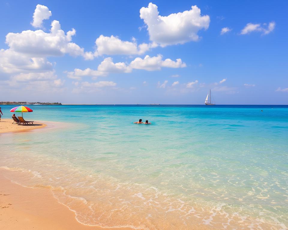 A picturesque scene of Hurghada, Egypt, showcasing the beautiful coastline along the Red Sea. In the foreground, soft, golden sands transition into clear turquoise waters, reflecting the bright sunlight. A few beach chairs with colorful umbrellas are set up near the water's edge, enhancing the scene's inviting nature. In the middle ground, people in modest casual clothing can be seen enjoying the sun and splashing in the bath-like water, conveying a sense of relaxation and enjoyment. The background features gentle waves lapping against the shore, with a few distant boats sailing in the serene sea under a vibrant blue sky filled with fluffy white clouds. The lighting is warm and bright, capturing the essence of a perfect beach day, with an overall atmosphere that is calm, inviting, and ideal for swimming.
