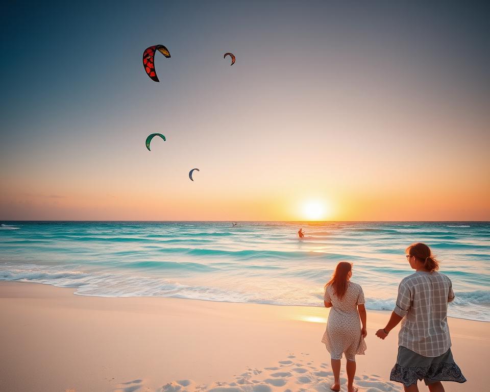 A picturesque scene of Paje Beach during the golden hour, capturing vibrant turquoise waters gently lapping against soft, white sandy shores. In the foreground, a couple in modest casual clothing enjoys the serene atmosphere, flying colorful kites that soar against the endless sky. The middle ground features kitesurfers skillfully maneuvering over the waves, showcasing the beach's reputation as a kitesurfing hotspot. The background reveals a stunning horizon where the sun dips into the ocean, casting warm hues of orange and pink across the sky. The scene is bathed in soft, diffused lighting, creating a tranquil and inviting mood, highlighting the natural beauty of Zanzibar's coastline.