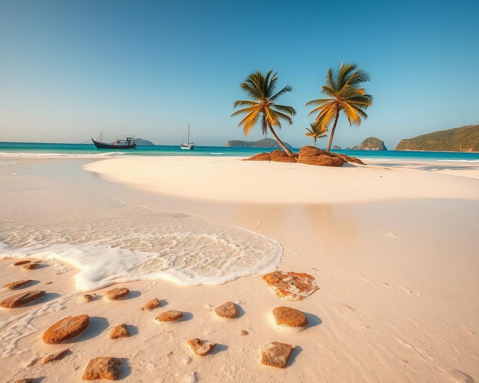 A picturesque scene of the Zanzibar coastline during low tide, showcasing the striking contrasts of the vibrant turquoise water and the exposed white sandy beach. In the foreground, clusters of gentle waves lap against the shoreline, creating delicate foam patterns. Small tidal pools reflect the clear blue sky, and patches of colorful coral peek through. The middle ground features a few palm trees swaying softly in the breeze, casting long shadows on the sand, while local fishing boats rest peacefully on the horizon. In the background, lush green hills rise, adding depth to the scene. The lighting is warm and golden, indicative of late afternoon, with soft sunlight illuminating the beach and enhancing the tranquil atmosphere. Aim for a wide-angle view to capture the expansive beauty of this tropical paradise.
