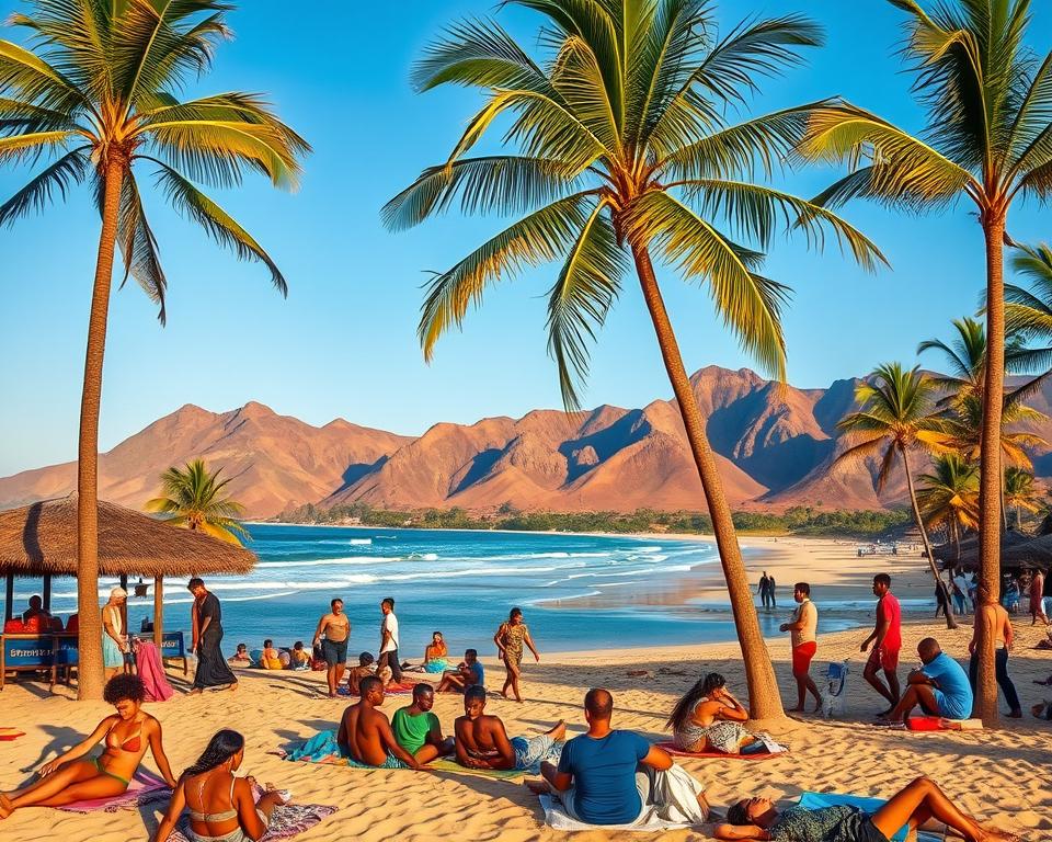 A picturesque scene showcasing the stunning landscapes of Cape Verde, focusing on a vibrant and colorful beach. In the foreground, a diverse group of modestly dressed travelers enjoying the sun, some lounging on beach towels while others stroll along the shore. In the middle ground, palm trees sway gently in a warm breeze, framing a backdrop of soft sandy beaches and gentle waves lapping at the shore. The background features striking volcanic mountains under a clear blue sky. The image is imbued with a warm, inviting atmosphere, reflecting the relaxed and affordable travel experience of the islands. The scene is illuminated by golden hour sunlight casting soft, warm shadows, creating a tranquil and inviting mood.