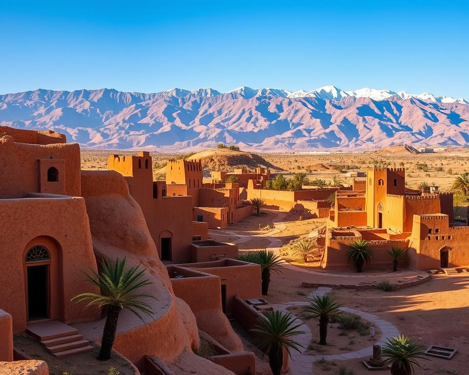 A picturesque view of Ait Ben Haddou in Morocco, showcasing traditional earthen architecture. In the foreground, intricate adobe structures with textured walls in warm hues of clay and orange stand elegantly, adorned with arched doorways and ornate windows. The middle ground reveals scattered palm trees and winding pathways leading to the distinctive kasbahs, with sunlight casting soft shadows across the landscape. In the background, the dramatic Atlas Mountains rise majestically against a clear blue sky, their peaks dusted with snow. The soft golden light of late afternoon creates a serene atmosphere, enhancing the rich colors of the earth and buildings. The image should evoke a sense of timeless beauty and connection to ancient craftsmanship, capturing the essence of Moroccan mud architecture.