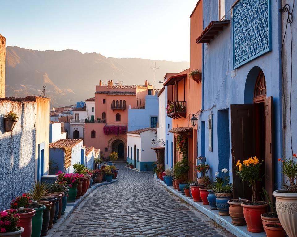 A picturesque view of Chefchaouen, Morocco, known as the Blue City, capturing its iconic blue-painted buildings nestled within the Rif Mountains. In the foreground, feature a charming cobblestone street lined with vibrant flower pots in a variety of colors. The middle ground showcases traditional Moroccan architecture, with intricate doorways and balconies adorned with bright textiles. The background reveals the stunning mountain landscape bathed in warm sunlight, highlighting the natural beauty surrounding the town. Utilize soft, golden hour lighting to create a warm, inviting atmosphere, while capturing the scene from a slightly elevated angle to emphasize the layered beauty of Chefchaouen. The overall mood should evoke a sense of tranquility and exploration, perfect for travelers planning their ideal itinerary.