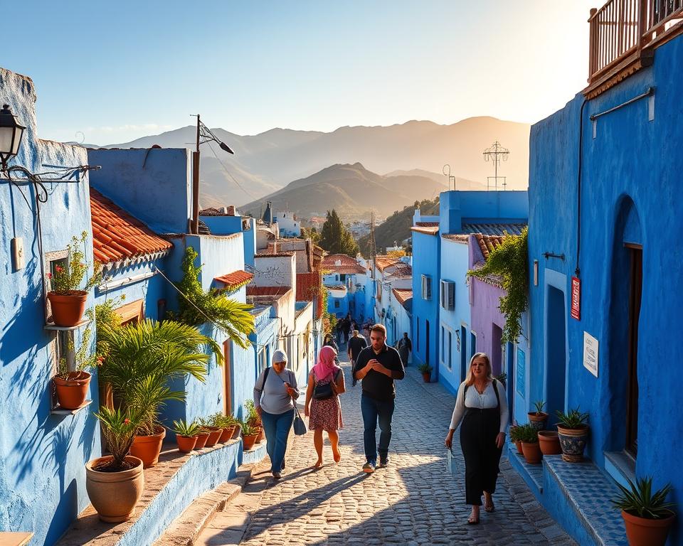 A picturesque view of Chefchaouen, known as the Blue City of Morocco. In the foreground, display vibrant blue-washed buildings adorned with intricate Moroccan tilework and lush potted plants. In the middle ground, include gently winding cobblestone streets bustling with tourists casually exploring the charming environment, dressed in modest casual clothing. The background features the stunning Rif Mountains, bathed in warm golden sunlight during the late afternoon. Capture the scene from a slightly elevated angle, emphasizing the depth of the cityscape, and create a serene and inviting atmosphere. Soft shadows play across the buildings, enhancing the blue tones and creating a tranquil mood reflective of Chefchaouen's enchanting charm.