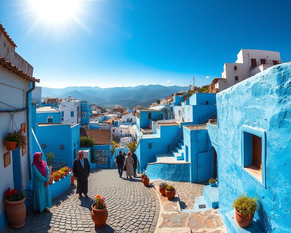 A picturesque view of Chefchaouen, the Blue City of Morocco, capturing its iconic blue-painted buildings nestled on the mountainside. In the foreground, a cobblestone street winds through the vibrant city, lined with potted flowers and colourful textiles. Middle ground features locals dressed in modest, casual clothing, engaging in friendly conversation, conveying a sense of community and safety. The background showcases the stunning Rif Mountains under a clear blue sky, with soft sunlight filtering through, casting gentle shadows and highlighting the vibrant blues and whites of the architecture. The mood is welcoming and serene, inviting travelers to explore and enjoy the beauty and safety of this enchanting destination. A wide-angle shot enhances the sense of space and depth.