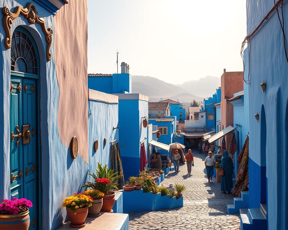 A picturesque view of Chefchaouen, the blue city of Morocco, with houses and streets painted in varying shades of blue, from soft pastels to vibrant cobalt. In the foreground, ornate doorways and window frames showcase intricate brass details. Potted plants with colorful flowers provide a splash of contrast against the azure backdrop. The middle ground features winding cobblestone streets, bustling with modestly dressed locals exploring the vibrant market stalls filled with textiles and pottery. In the background, the Rif Mountains rise majestically under a clear blue sky, bathed in warm sunlight that enhances the blue hues of the city. The scene conveys a serene yet lively atmosphere, inviting viewers to immerse themselves in the unique history and significance of the color blue in Chefchaouen. Use soft, natural lighting to create a warm and inviting mood.