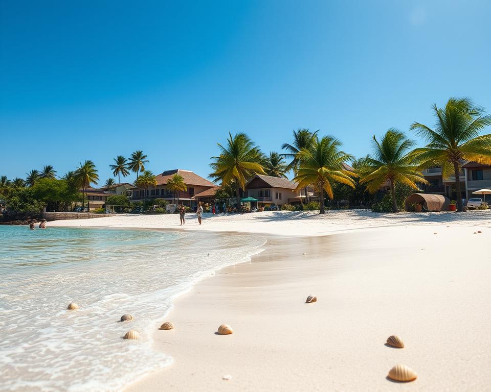 A picturesque view of Kendwa Beach, showcasing its broad, white sandy shoreline under a clear, azure sky. In the foreground, gentle waves lapping at the shore create a serene atmosphere. Scattered seashells glisten in the sunlight, enhancing the beach's natural beauty. The middle ground features a few people enjoying the tranquil water, depicted in modest casual clothing, engaged in leisurely activities like walking or beachcombing. In the background, lush palm trees sway lightly in the breeze, with a hint of traditional Zanzibari architecture peeking through, adding cultural richness. The sunlight bathes the scene in warm, golden hues, conveying a peaceful and inviting mood. Use a wide-angle lens to capture the expansive beauty of the beach from a dynamic low angle, emphasizing the stunning landscape.
