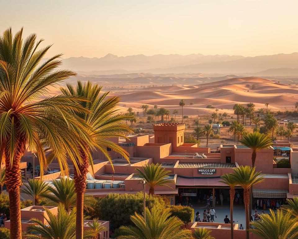 A picturesque view of Morocco's climate, showcasing a transition between the vibrant desert landscape and the lush valleys. In the foreground, feature a series of lively palm trees swaying in a light breeze, with the warm sun casting gentle shadows. In the middle ground, depict traditional Moroccan architecture, such as ornate riads and bustling markets, surrounded by colorful textiles displaying the rich heritage of the region. In the background, contrast the golden dunes of the Sahara with distant snow-cap mountains, symbolizing the varied climates. Soft golden-hour lighting enhances the warm, inviting atmosphere. The angle captures the scene from a slight elevation, offering a broad view for an inspiring visual of Morocco's diverse climatic conditions. A picturesque view of Morocco's climate, showcasing a transition between the vibrant desert landscape and the lush valleys. In the foreground, feature a series of lively palm trees swaying in a light breeze, with the warm sun casting gentle shadows. In the middle ground, depict traditional Moroccan architecture, such as ornate riads and bustling markets, surrounded by colorful textiles displaying the rich heritage of the region. In the background, contrast the golden dunes of the Sahara with distant snow-cap mountains, symbolizing the varied climates. Soft golden-hour lighting enhances the warm, inviting atmosphere. The angle captures the scene from a slight elevation, offering a broad view for an inspiring visual of Morocco's diverse climatic conditions.