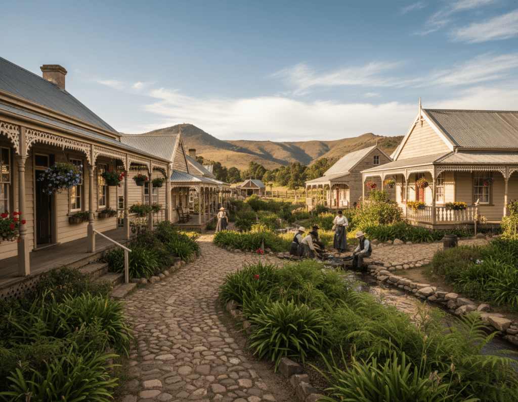 A picturesque view of Pilgrim's Rest in South Africa, capturing the essence of a historic gold mining town. In the foreground, a cobblestone path lined with lush green vegetation, leading to quaint, Victorian-era buildings with detailed wooden façades and colorful flower boxes. In the middle ground, a rustic gold panning area with a few visitors dressed in modest casual clothing, enthusiastically trying their luck in panning for gold. The background features rolling hills bathed in soft, golden sunlight, evoking a warm, inviting atmosphere. The sky is a clear blue with wispy clouds, enhancing the overall serenity. The image is shot with a wide-angle lens to emphasize the landscape's grandeur, providing a sense of nostalgia and adventure, perfect for conveying the rich history of this cultural stop.