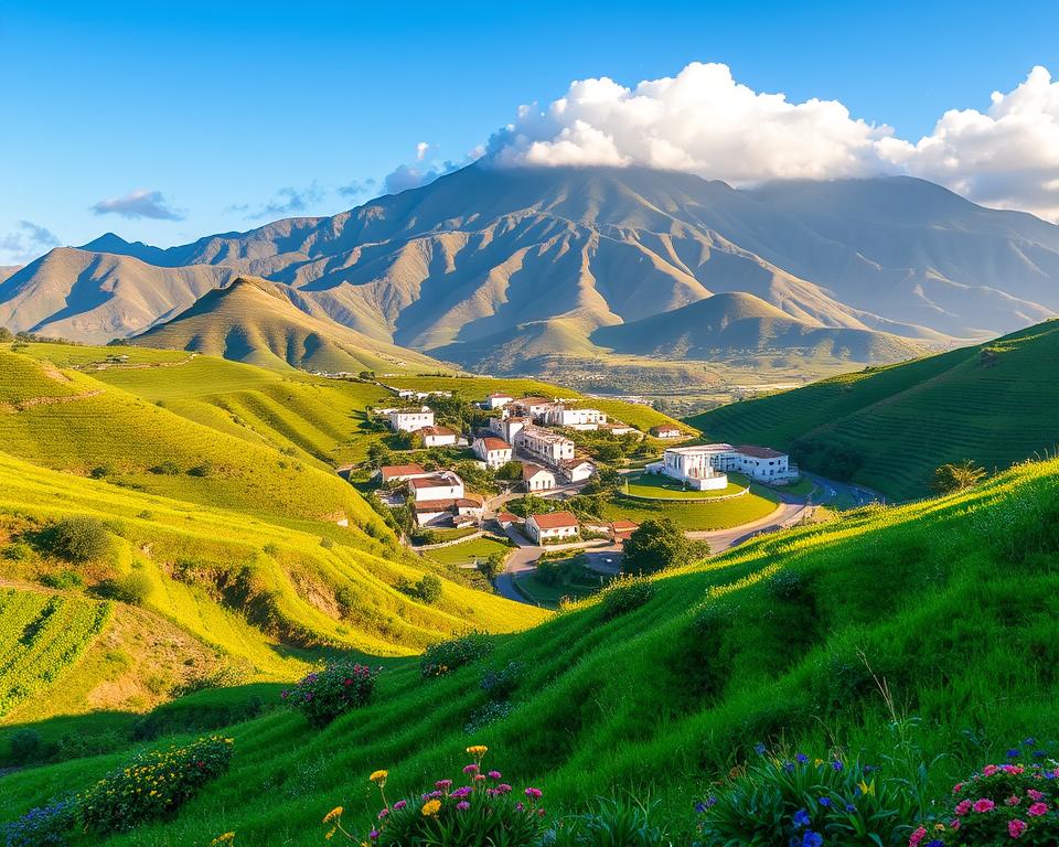 A picturesque view of Santiago, Cape Verde, showcasing its unique mikroklima. In the foreground, vibrant green terraced hillsides with patches of colorful flowers and indigenous plants, reflecting the island's rich biodiversity. In the middle ground, a quaint village with whitewashed buildings and traditional architecture, surrounded by vineyards under a clear blue sky. In the background, majestic mountains rise, partially covered in clouds, creating a dramatic contrast. The lighting is warm and inviting, suggesting late afternoon sunlight, with soft shadows enhancing the landscape's textures. The atmosphere is serene and harmonious, evoking a sense of connection between nature and culture, ideal for illustrating the best travel times for exploration and enjoyment in Santiago and Santo Antão.