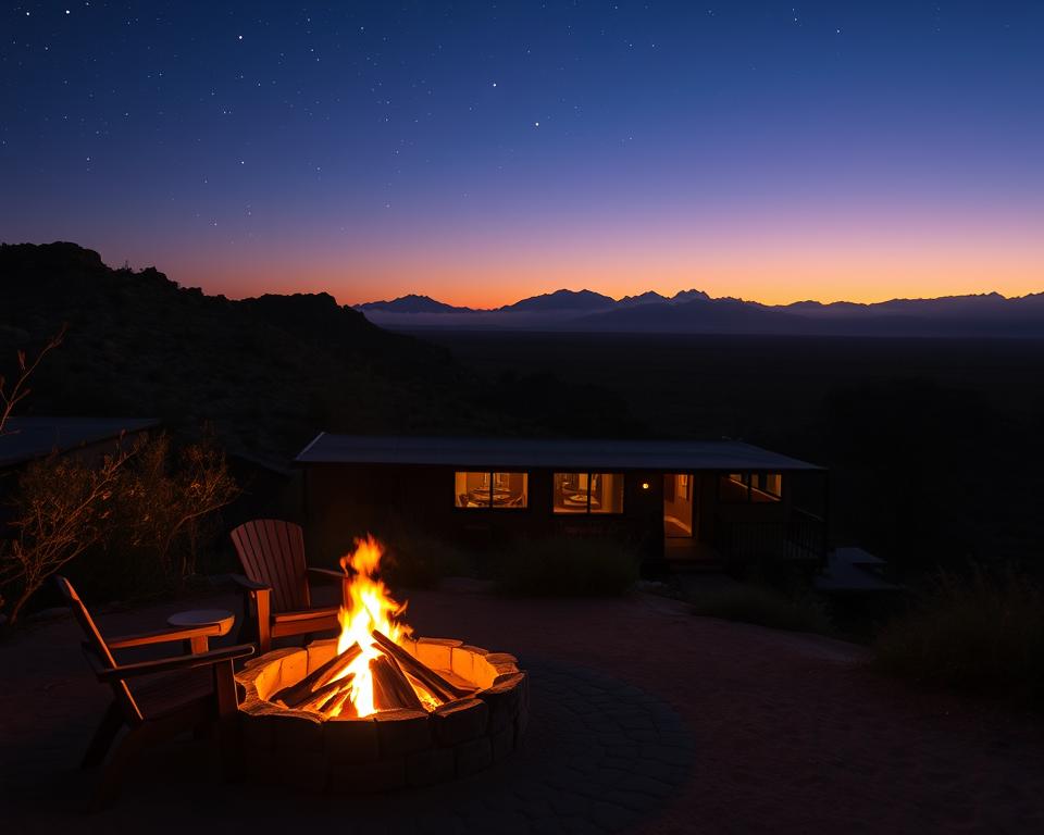 A picturesque view of a cozy lodge in Namibia, nestled among the rugged landscape. In the foreground, a warm glowing fire pit surrounded by few wooden chairs invites relaxation under a starry sky. The middle ground features the lodge, made of natural materials with large windows reflecting the sunset hues of orange and purple. To the background, the majestic silhouette of distant mountains is illuminated by the last rays of light. Soft, diffused lighting enhances the serene atmosphere, creating a peaceful, inviting mood. Capture this scene with a wide-angle lens, emphasizing the sense of space and tranquility in the beautiful Namibian wilderness, perfect for travelers seeking an authentic experience.