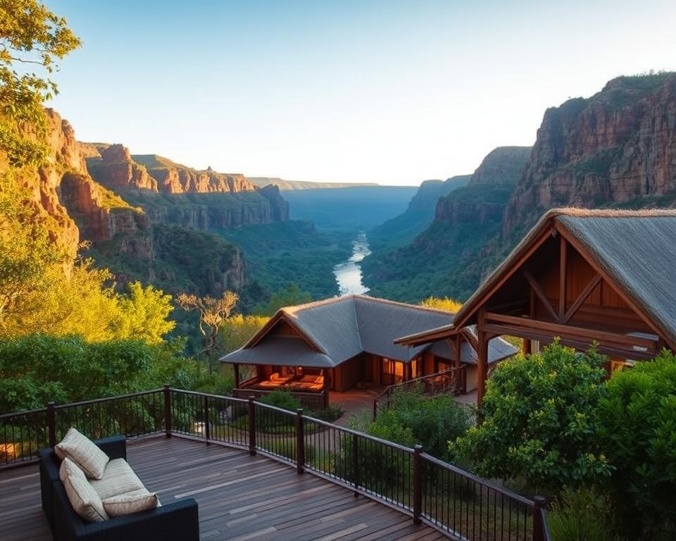 A picturesque view of a cozy lodge nestled in the Mpumalanga region, surrounded by lush greenery and the dramatic cliffs of the Blyde River Canyon in the background. Foreground features a wooden deck with comfortable seating, inviting guests to relax and take in the scenery. The middle ground showcases the lodge's rustic architecture, with thatched roofs and warm wooden accents, illuminated by soft, golden morning light that enhances the serene atmosphere. The background presents the towering canyon walls, dotted with vibrant vegetation and distant waterfalls cascading into the river below. The scene is captured from a slightly elevated angle, conveying depth and inviting exploration, infused with a tranquil and welcoming mood, perfect for a relaxing retreat in nature.