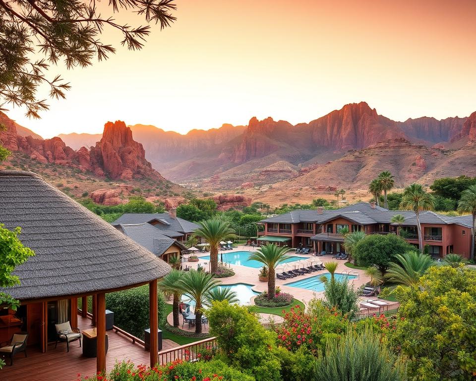 A picturesque view of hotels in Oudtshoorn, South Africa, showcasing a range of accommodations nestled among lush greenery and dramatic red rock formations. In the foreground, a charming boutique hotel with a thatched roof and wooden decking, complete with inviting outdoor seating. In the middle, a spacious resort-style hotel with a sparkling swimming pool, surrounded by palm trees and vibrant flowering plants. In the background, the dramatic outline of the Swartberg Mountains under a golden sunset sky, casting warm hues across the scene. Soft, warm lighting enhances the welcoming atmosphere, while the image is captured from a low angle to emphasize the beauty of the architecture and natural surroundings, evoking a sense of tranquility and adventure. A picturesque view of hotels in Oudtshoorn, South Africa, showcasing a range of accommodations nestled among lush greenery and dramatic red rock formations. In the foreground, a charming boutique hotel with a thatched roof and wooden decking, complete with inviting outdoor seating. In the middle, a spacious resort-style hotel with a sparkling swimming pool, surrounded by palm trees and vibrant flowering plants. In the background, the dramatic outline of the Swartberg Mountains under a golden sunset sky, casting warm hues across the scene. Soft, warm lighting enhances the welcoming atmosphere, while the image is captured from a low angle to emphasize the beauty of the architecture and natural surroundings, evoking a sense of tranquility and adventure.