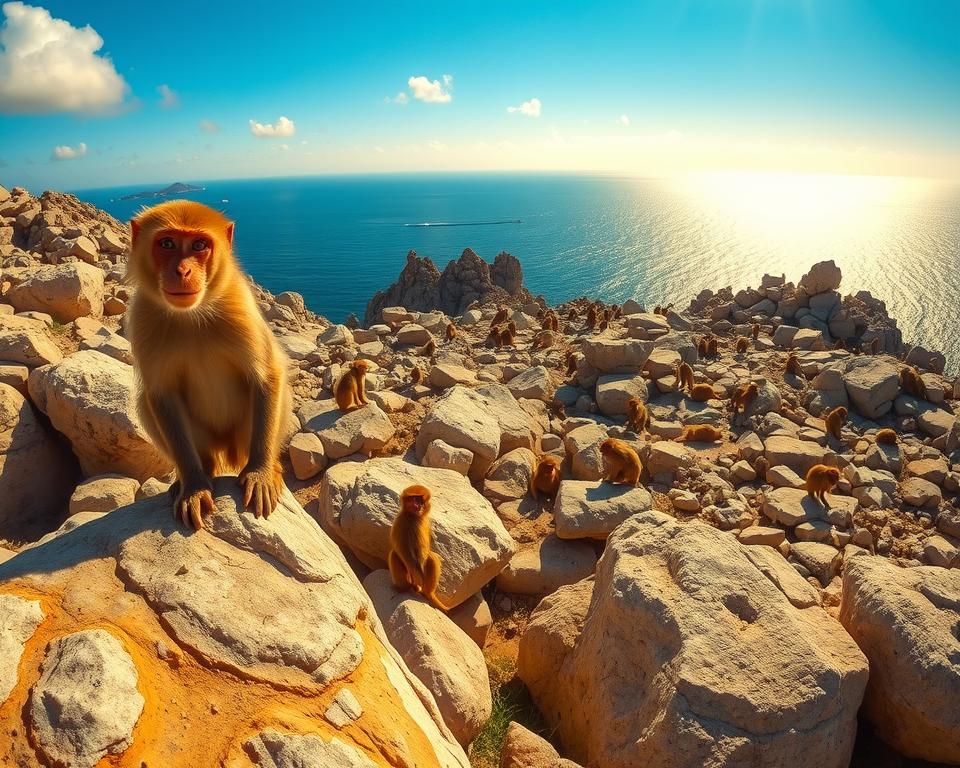 A picturesque view of the famous "Affenfelsen" (Apes' Rock) in Gibraltar, showcasing a rocky outcrop teeming with playful Barbary macaques. In the foreground, a curious macaque is perched on a large boulder, gazing toward the camera with a playful expression. The middle ground features several other macaques interacting among the rocky terrain, adding a sense of life and movement. In the background, the majestic Mediterranean Sea sparkles under a bright blue sky, with soft white clouds drifting lazily. The lighting is warm and inviting, capturing the golden hour glow, creating a sense of tranquility. The angle is slightly elevated, offering a panoramic view that emphasizes the natural beauty of Gibraltar's landscape. The mood is lighthearted and engaging, ideal for showcasing this unique animal and its environment.