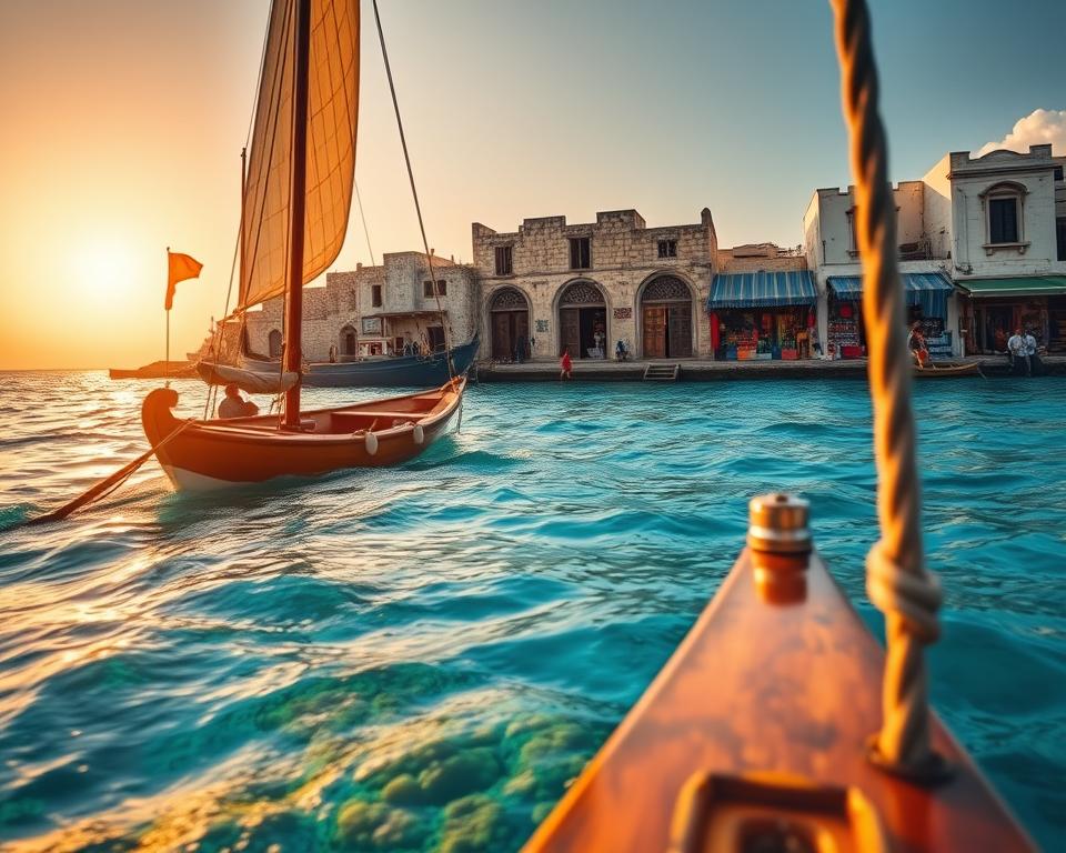 A picturesque view of the scenic arrival at Zanzibar, showcasing a traditional dhow boat gently gliding through the azure waters of the Indian Ocean. In the foreground, vibrant coral reefs peek through crystal-clear water, with shades of turquoise and deep blue blending seamlessly. The middle layer features the iconic Stone Town skyline, characterized by historic stone buildings with intricate wooden doors and the vivid colors of local fabric hanging from bazaar stalls. In the background, a golden sunset bathes the scene in warm light, enhancing the tranquil and inviting atmosphere. The composition is captured at a slight angle, employing a wide lens to encapsulate the beauty of the maritime approach to this marvelous destination. The mood is serene, evoking a sense of adventure and cultural richness.