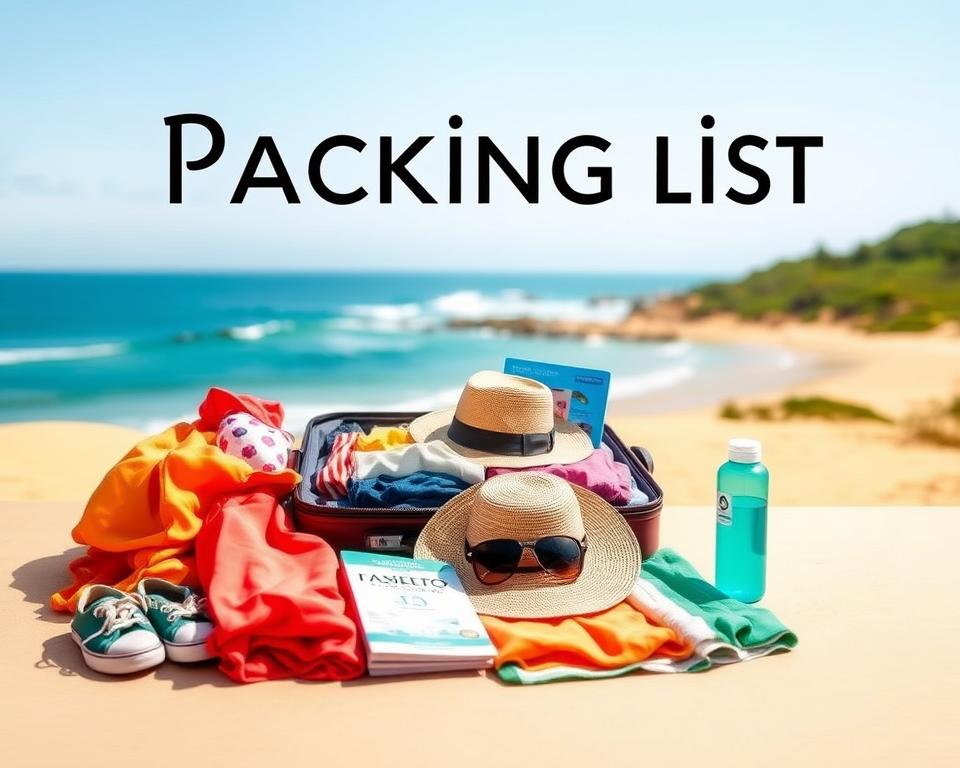 A practical packing list for traveling to Cape Verde during mosquito season. The foreground features a beautifully arranged flat lay of essential items: lightweight clothing in vibrant colors, a pair of comfortable shoes, insect repellent spray, sunscreen, a travel guidebook, and a reusable water bottle. In the middle, an open suitcase filled with packable clothing sits alongside a beach hat and sunglasses. The background presents a soft-focus view of a scenic Cape Verde landscape—golden sandy beaches with gentle waves and lush greenery under a bright blue sky. The lighting is warm and inviting, reminiscent of a sunny day. The mood is cheerful and adventurous, capturing the essence of travel and preparation for an exciting trip. A practical packing list for traveling to Cape Verde during mosquito season. The foreground features a beautifully arranged flat lay of essential items: lightweight clothing in vibrant colors, a pair of comfortable shoes, insect repellent spray, sunscreen, a travel guidebook, and a reusable water bottle. In the middle, an open suitcase filled with packable clothing sits alongside a beach hat and sunglasses. The background presents a soft-focus view of a scenic Cape Verde landscape—golden sandy beaches with gentle waves and lush greenery under a bright blue sky. The lighting is warm and inviting, reminiscent of a sunny day. The mood is cheerful and adventurous, capturing the essence of travel and preparation for an exciting trip.