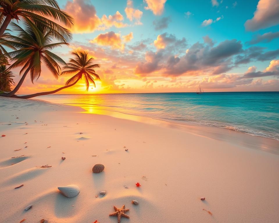 A pristine beach on the coast of Zanzibar, with soft white sand gently hugging the turquoise waters. In the foreground, delicate seashells and vibrant pieces of coral are scattered along the shoreline. The middle ground features palm trees swaying lightly in the breeze, casting soft shadows on the sand. The background showcases a breathtaking sunset, where orange and pink hues blend seamlessly with deep blue skies, illuminating distant fishing boats on the horizon. The scene is bathed in warm, golden light, enhancing the tranquil atmosphere of the beach. The image conveys a sense of serenity and natural beauty, ideal for highlighting the stunning landscapes of Tanzania.