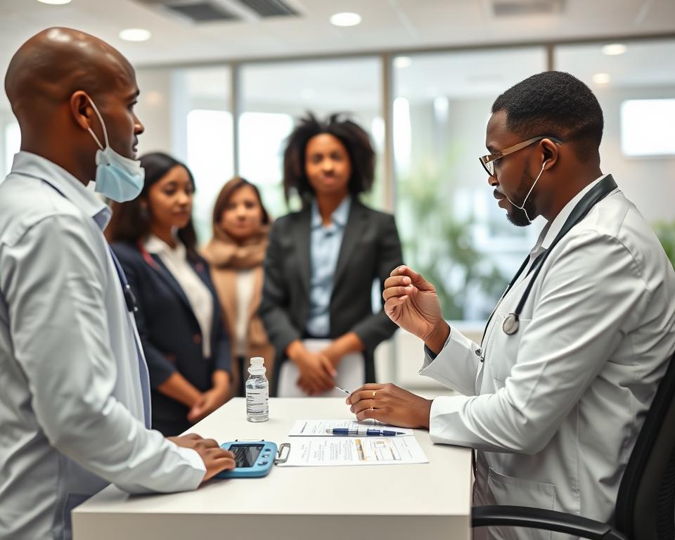 A professional healthcare setting illustrating the concept of a meningococcal vaccination for travel. In the foreground, a diverse group of adults in business casual attire consults with a healthcare professional, who is demonstrating the vaccination process. The middle ground features a clinical workspace with a vaccination chart and medical supplies. The background shows a welcoming clinic environment with soft, natural lighting filtering through large windows, creating an inviting atmosphere. The focus is on the interaction, showcasing the seriousness of travel health without being overly clinical. The image should evoke a sense of safety, professionalism, and the importance of vaccinations for travelers, emphasizing health and preparation for a journey to South Africa.