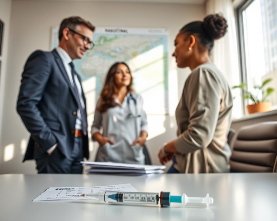 A professional healthcare setting showcasing a travel vaccination consultation for meningococcal disease. In the foreground, a healthcare provider, dressed in business attire, is attentively discussing vaccination options with a traveler, who is wearing modest casual clothing. The middle ground features a clean, well-organized desk with vaccination brochures and a syringe, emphasizing the focus on health and safety. The background depicts a map of Kenya, highlighting key travel destinations, subtly illustrating the importance of vaccinations. Soft, natural lighting pours in from a window, creating a welcoming atmosphere. The perspective is slightly angled to draw attention to both the consultation and the informational materials, evoking a sense of preparedness and professional guidance for safe travel.