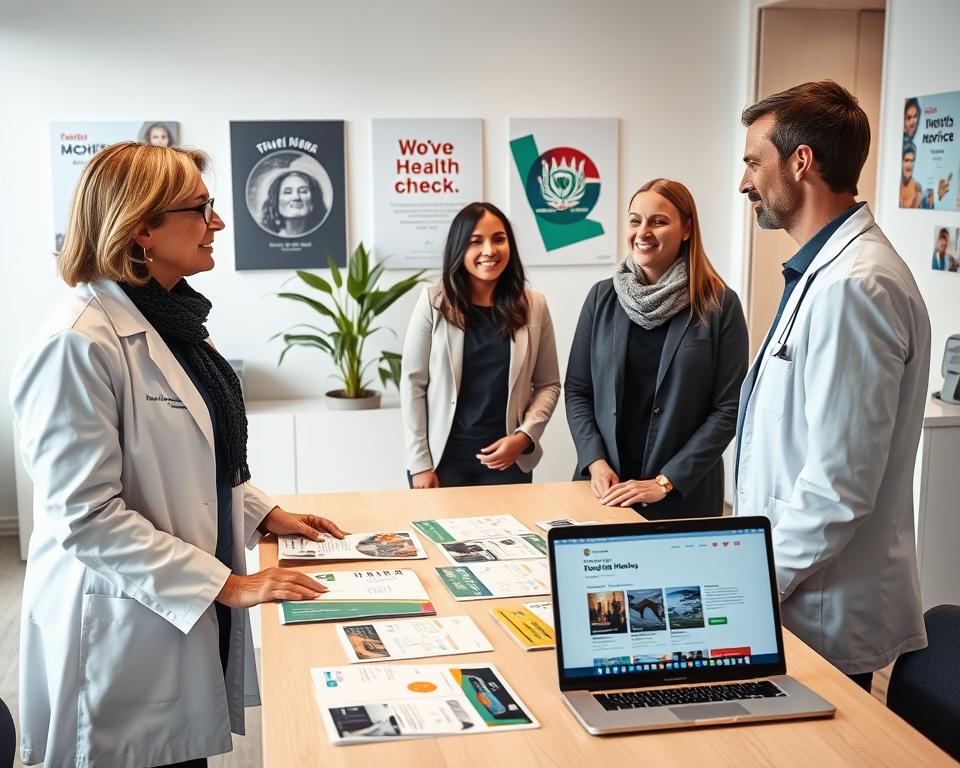 A professional healthcare setting with a focus on travel vaccinations in Germany. In the foreground, a friendly and knowledgeable clinician in a white coat is discussing vaccination options with a diverse couple dressed in smart casual attire, appearing attentive and engaged. In the middle, a table is filled with vaccination brochures, informational pamphlets, and a laptop displaying a health insurance website, symbolizing the costs and advice for travel health checks. The background features a clean, well-lit clinic environment, with motivational health posters on the walls and a potted plant to add warmth. Soft, natural lighting creates an inviting atmosphere, enhancing the sense of trust and professionalism in the interaction. The image captures a moment of guidance and support on the journey of preparing for a trip to South Africa.