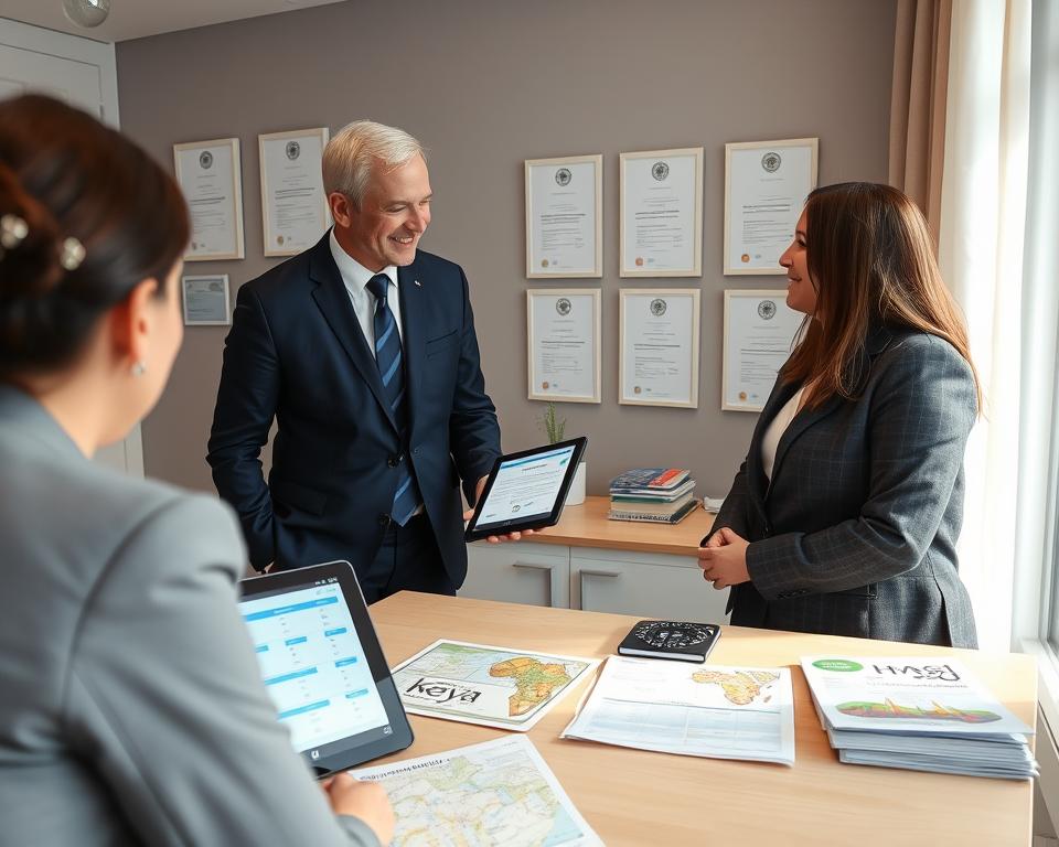 A professional vaccination consultation scene in Germany, showcasing a modern, well-lit clinic environment. In the foreground, a healthcare professional, dressed in a smart business attire, is engaged in a friendly discussion with a patient, who appears to be a traveler looking for vaccination advice. The healthcare professional points to a digital tablet displaying vaccination schedules and recommendations. In the middle ground, various medical posters about travel vaccinations, maps, and brochures are neatly arranged on a desk. The background features certificates on the wall, indicating professionalism and trustworthiness. The atmosphere is warm and inviting, with soft natural light filtering through the window, creating a sense of safety and reassurance for travelers preparing for their journey in Kenya.