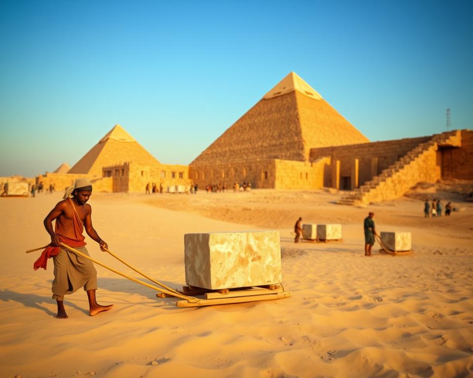 A scene depicting an ancient Egyptian construction site at the Giza Pyramids, showcasing workers expertly transporting limestone and granite blocks. In the foreground, two workers dressed in modest, casual clothing labor diligently, using ropes and wooden sledges to maneuver the heavy stones across sand dunes. The middle ground features partially constructed pyramid walls, with additional workers aligned in a coordinated effort, reflecting the complexities of the supply chain. The background reveals the majestic pyramids against a clear blue sky, bathed in warm, golden sunlight, highlighting the textures of the stones. The atmosphere is industrious yet harmonious, capturing a moment of teamwork and ingenuity in ancient engineering. The image should mimic a realistic photographic style, with a focus on depth of field, sharp detail, and natural lighting.
