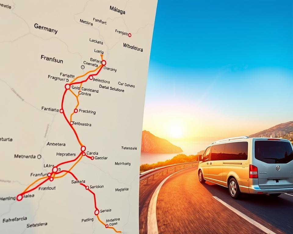 A scenic view illustrating the journey from Germany to Gibraltar, capturing elements of travel planning. In the foreground, display a detailed travel map featuring routes from Germany to Gibraltar, with clear markings and symbols highlighting major cities like Frankfurt and Málaga. In the middle ground, add a sleek, modern travel vehicle, such as a car or a bus, traveling along a scenic coastal road, enhanced by a sunset glow that bathes the scene in warm, inviting light. The background should prominently feature the iconic Rock of Gibraltar against a clear blue sky, with lush greenery and Mediterranean landscape providing a vibrant backdrop. The atmosphere should evoke a sense of adventure and relaxation, emphasizing the beauty and accessibility of the journey.