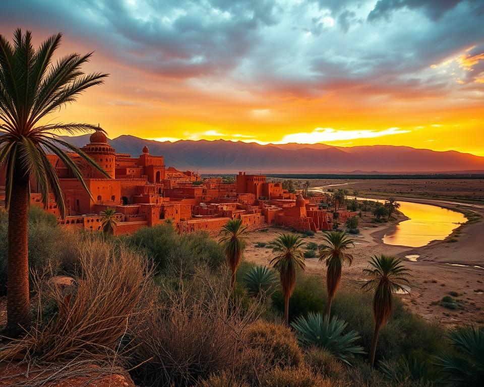 A scenic view of Ait Ben Haddou, a UNESCO World Heritage site in Morocco, capturing the iconic earthen clay architecture of the kasbahs against a dramatic sunset sky. In the foreground, the rugged terrain includes palm trees and dry desert vegetation. The middle ground features the striking red and orange mud-brick buildings of Ait Ben Haddou, intricately detailed and showcasing their ancient craftsmanship. The background shows the majestic Atlas Mountains, bathed in warm, golden light. The angle is slightly elevated, providing a panoramic perspective of the village nestled along the riverbank, enveloped in a tranquil, serene atmosphere. The lighting is soft, enhancing the textures of the buildings and landscape, creating a sense of warmth and wonder.