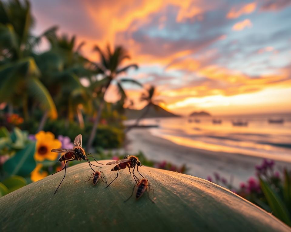 A scenic view of Cape Verde islands, showcasing lush landscapes and vibrant natural habitats known for mosquitoes. In the foreground, a close-up of a few mosquito species native to the islands, delicately posed on a leaf for detailed examination. The middle ground reveals a tropical beach with palm trees swaying gently in the breeze and colorful local flora, suggesting a warm, humid atmosphere conducive to mosquito populations. The background features a dramatic sunset sky filled with hues of orange and purple, adding depth and warmth to the scene. The lighting is soft yet vibrant, highlighting the rich details of both the mosquitoes and the island environment. The image should evoke a sense of curiosity and adventure. A scenic view of Cape Verde islands, showcasing lush landscapes and vibrant natural habitats known for mosquitoes. In the foreground, a close-up of a few mosquito species native to the islands, delicately posed on a leaf for detailed examination. The middle ground reveals a tropical beach with palm trees swaying gently in the breeze and colorful local flora, suggesting a warm, humid atmosphere conducive to mosquito populations. The background features a dramatic sunset sky filled with hues of orange and purple, adding depth and warmth to the scene. The lighting is soft yet vibrant, highlighting the rich details of both the mosquitoes and the island environment. The image should evoke a sense of curiosity and adventure.