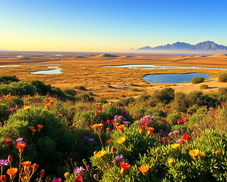A scenic view of De Hoop Nature Reserve in South Africa, showcasing the stunning diversity of landscapes. In the foreground, lush fynbos vegetation interspersed with vibrant wildflowers in full bloom. The middle ground features rolling sand dunes and tranquil wetlands under a clear blue sky. In the background, the distant silhouette of the Overberg Mountains adds depth to the scene. Warm, golden sunlight bathes the landscape, creating a serene and inviting atmosphere. The image captures the essence of a natural travel destination, emphasizing the beauty and tranquility of the reserve. Use a wide-angle lens to encompass the entirety of this breathtaking vista, highlighting the peacefulness of nature. No people are present in the image, allowing the landscape to take center stage.