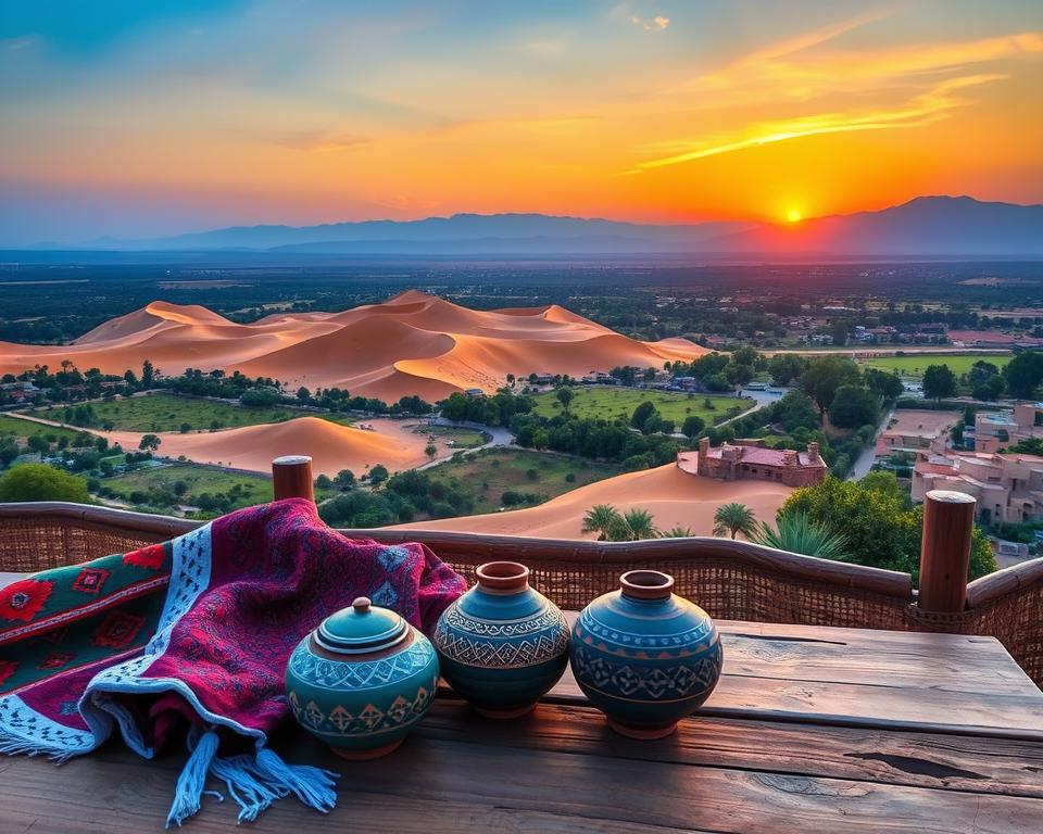 A scenic view of Morocco's diverse weather across different landscapes during a seven-day round trip. In the foreground, vibrant colorful tapestries and traditional Moroccan pottery resting on a wooden table symbolize local culture. The middle ground showcases a picturesque blend of the Sahara Desert's golden dunes under a dramatic sunset, contrasting with lush green valleys and the snow-capped Atlas Mountains in the distance. The sky transitions from warm oranges and purples at sunset to deep blues of twilight, suggesting an inviting atmosphere. The image should convey a sense of wonder and adventure, captured using a wide-angle lens to emphasize the vastness and beauty of Morocco's diverse scenery. Soft, natural lighting enhances the rich colors and textures, creating a tranquil yet vibrant mood.