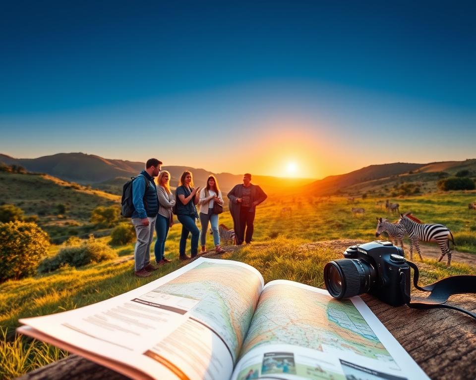 A scenic view of Pilanesberg National Park during the golden hour, showcasing a vibrant landscape with rolling hills, lush greenery, and a clear blue sky. In the foreground, include an open travel guide and a camera, suggesting travel planning activities. In the middle ground, a small group of travelers in modest casual clothing discuss their itinerary, pointing toward a map spread out on the grass, emphasizing collaboration and excitement. The background features iconic wildlife, such as elephants and zebra grazing peacefully against the stunning sunset. The warm, soft lighting enhances the tranquil atmosphere, creating a sense of adventure and discovery. Capture the image from a slight elevation, giving a panoramic perspective of the park's beauty. A scenic view of Pilanesberg National Park during the golden hour, showcasing a vibrant landscape with rolling hills, lush greenery, and a clear blue sky. In the foreground, include an open travel guide and a camera, suggesting travel planning activities. In the middle ground, a small group of travelers in modest casual clothing discuss their itinerary, pointing toward a map spread out on the grass, emphasizing collaboration and excitement. The background features iconic wildlife, such as elephants and zebra grazing peacefully against the stunning sunset. The warm, soft lighting enhances the tranquil atmosphere, creating a sense of adventure and discovery. Capture the image from a slight elevation, giving a panoramic perspective of the park's beauty.