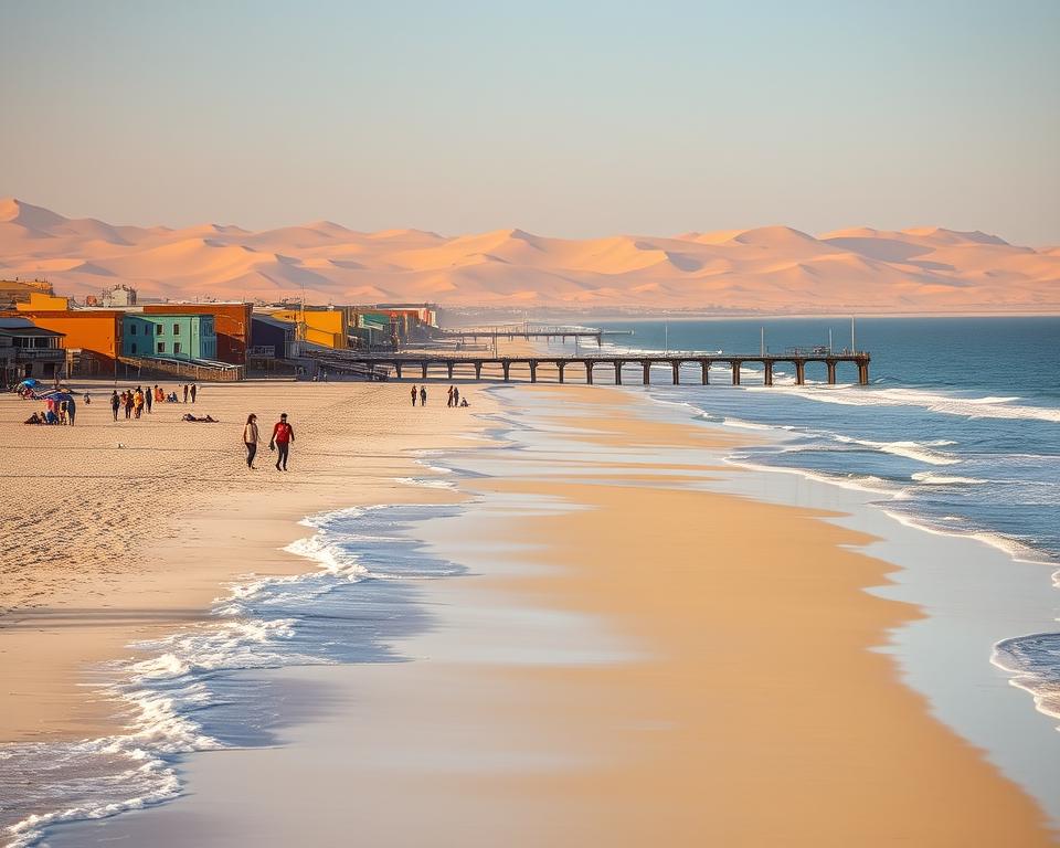 A scenic view of Swakopmund, Namibia, capturing the unique blend of coastal charm and desert beauty. In the foreground, a pristine sandy beach with gentle waves lapping at the shore, dotted with vibrant beach umbrellas and a few people enjoying the sun in modest casual clothing. The middle ground features the iconic Swakopmund Jetty extending into the Atlantic Ocean, while colorful colonial-style buildings can be seen along the coastline, showcasing their distinct architecture. In the background, the vast Namib Desert meets the hazy sky, with golden sand dunes contrasting against the vivid blue of the ocean. The lighting is warm and inviting, reminiscent of a late afternoon glow, with soft shadows enhancing the scene's texture. The overall mood is relaxed yet adventurous, perfect for highlighting the beauty of Namibia's coastal gems.